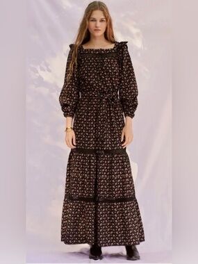 Sonmer Floral Smocked Waist Maxi Dress - Black with Pink Floral